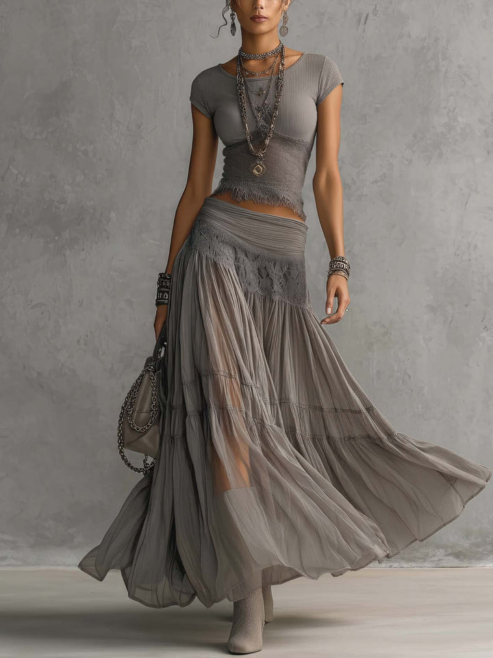 Elara™ | Lace Top & Pleated Maxi Skirt Set