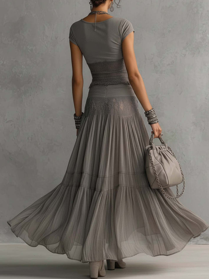 Elara™ | Lace Top & Pleated Maxi Skirt Set