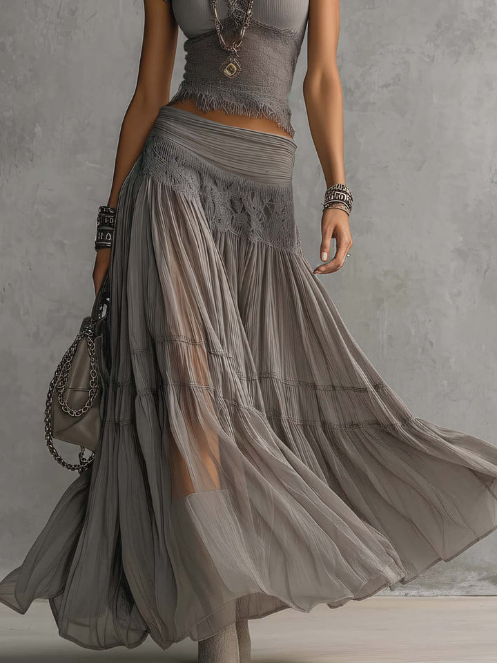 Elara™ | Lace Top & Pleated Maxi Skirt Set