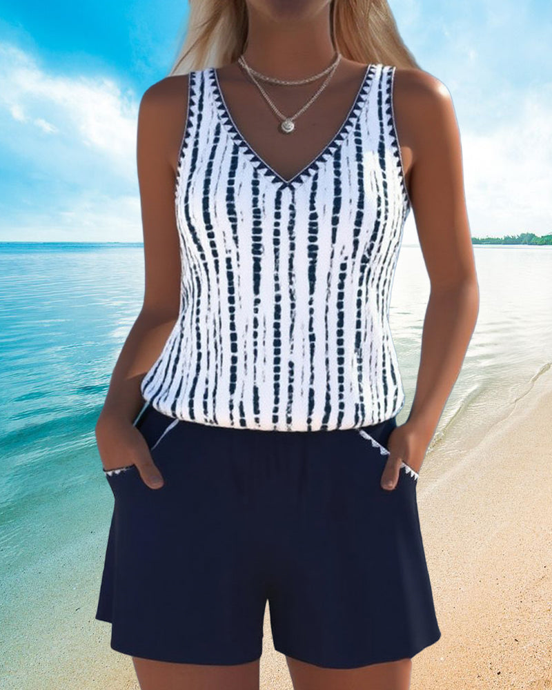 Margaret | Casual Two Piece Printed V-Neck Swimsuit with Pockets