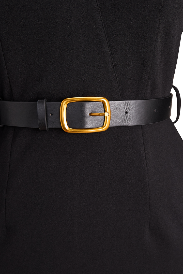 Catherine | Women's Belted Midi Dress — Elegant Black Silhouette