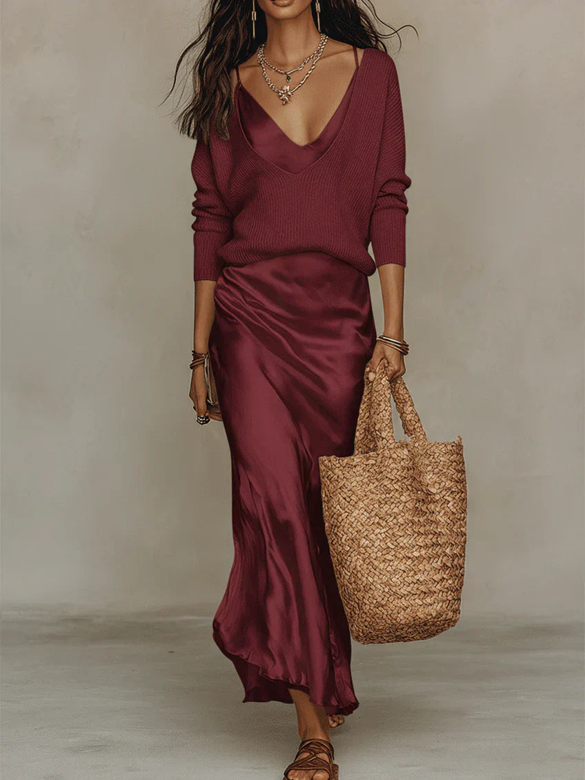 Elana™ | Midi Satin Dress with Included Sweater