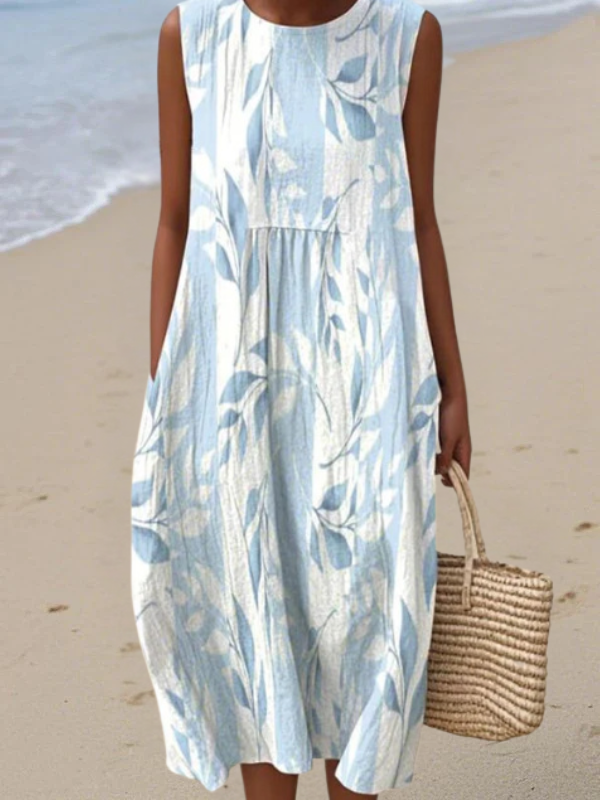 Joy™ | Women's Sleeveless Midi Dress — Leafy Blue Print
