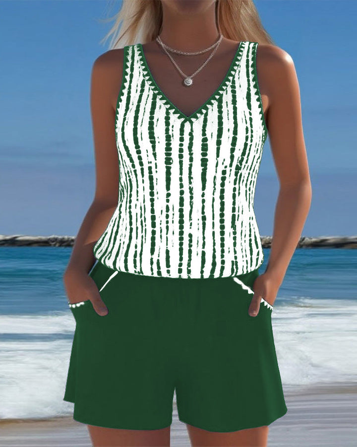 Margaret | Casual Two Piece Printed V-Neck Swimsuit with Pockets