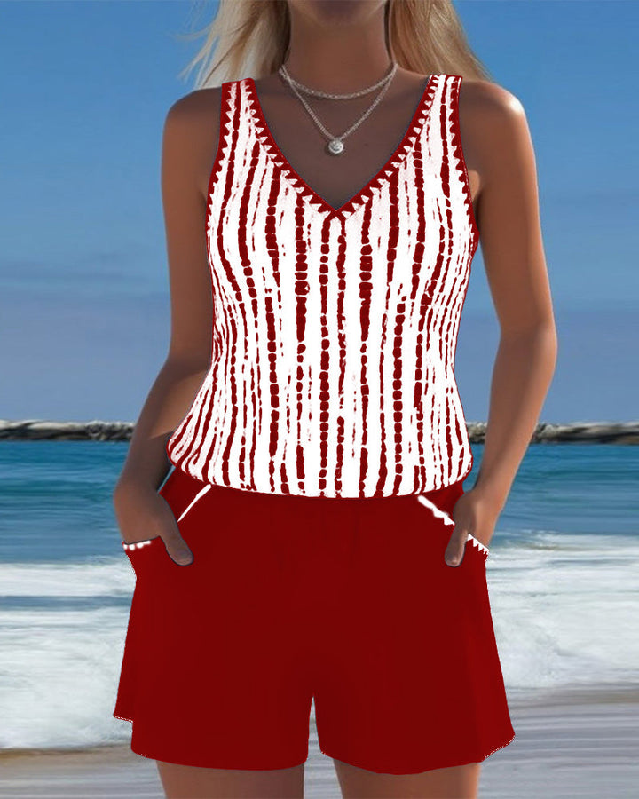 Margaret | Casual Two Piece Printed V-Neck Swimsuit with Pockets