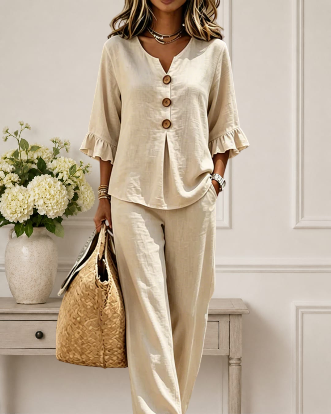 Raelynn | Elegant Ruffle Sleeve Top with Wide-Leg Pants