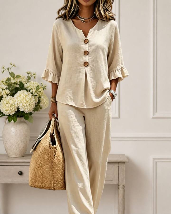 Raelynn | Elegant Ruffle Sleeve Top with Wide-Leg Pants