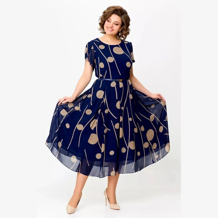 Delaney | Navy Polka Dot Print Chiffon Midi Dress