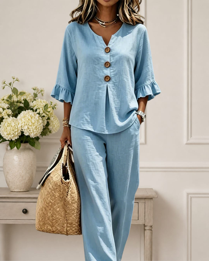Raelynn | Elegant Ruffle Sleeve Top with Wide-Leg Pants