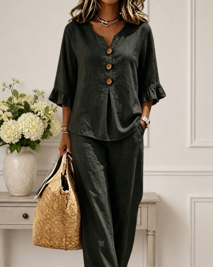Raelynn | Elegant Ruffle Sleeve Top with Wide-Leg Pants