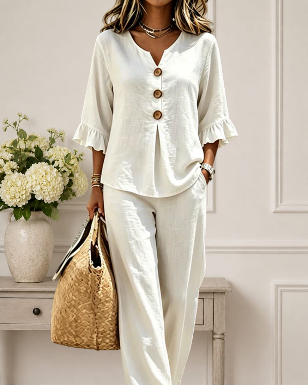 Raelynn | Elegant Ruffle Sleeve Top with Wide-Leg Pants