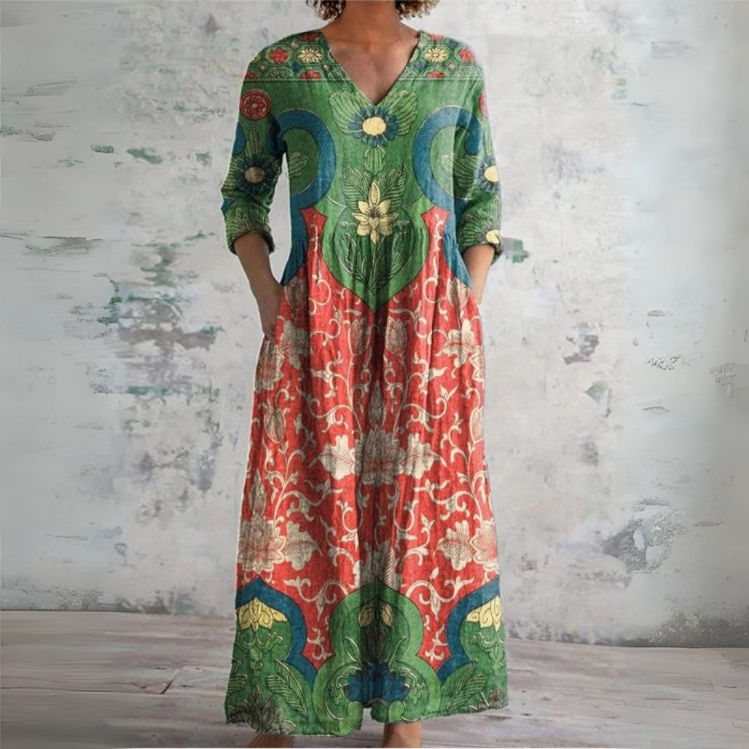 Judith | Women's Vintage Floral Maxi Dress — V-Neck