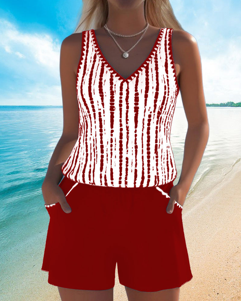 Margaret | Casual Two Piece Printed V-Neck Swimsuit with Pockets