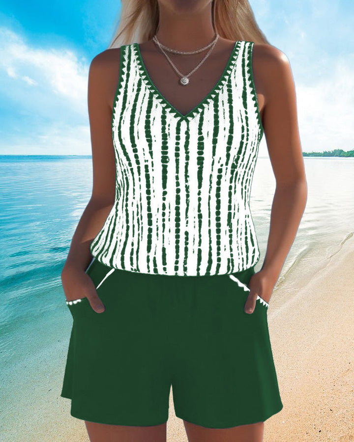 Margaret | Casual Two Piece Printed V-Neck Swimsuit with Pockets