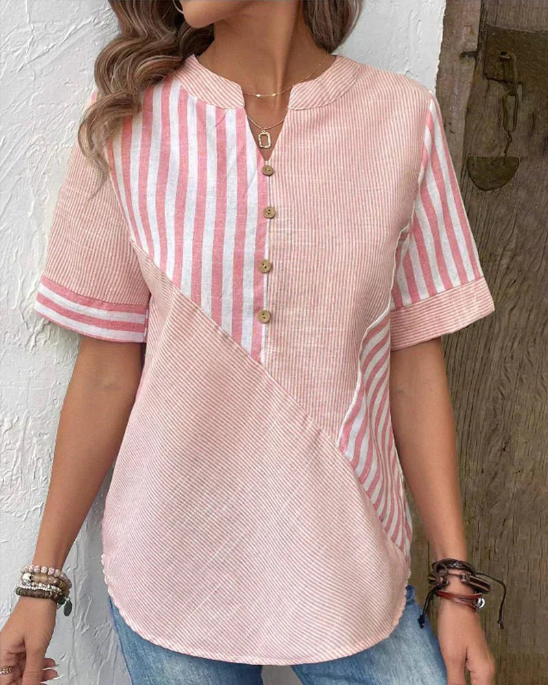 Lila | Women's Striped Blouse — Notched Neck & Flared Sleeves