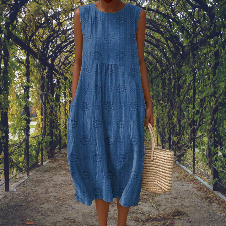 Aikaterini – Women's Sleeveless Midi Dress with Pockets