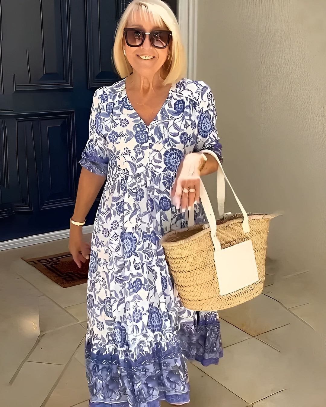 Evelyne | Women's Elegant Floral Midi Dress — V-Neck