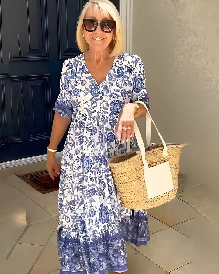 Evelyne | Women's Elegant Floral Midi Dress — V-Neck