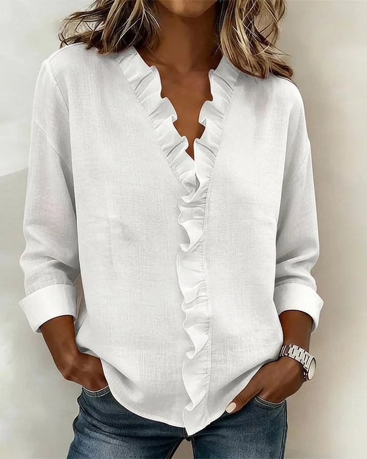 Iris™ | Ruffle V-Neck Blouse with Long Sleeves
