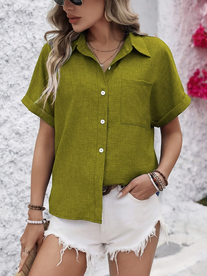 Amora | Comfortable Short Sleeve Button Blouse
