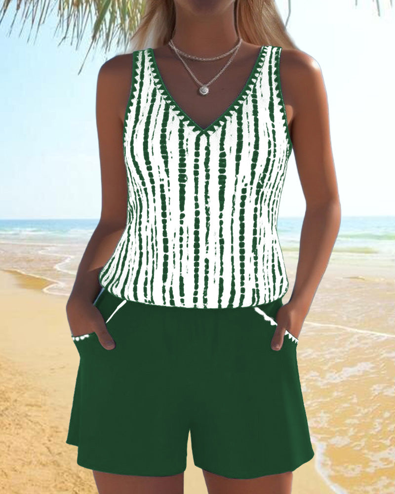 Margaret | Casual Two Piece Printed V-Neck Swimsuit with Pockets