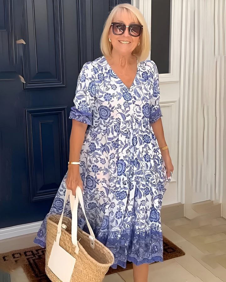 Evelyne | Women's Elegant Floral Midi Dress — V-Neck