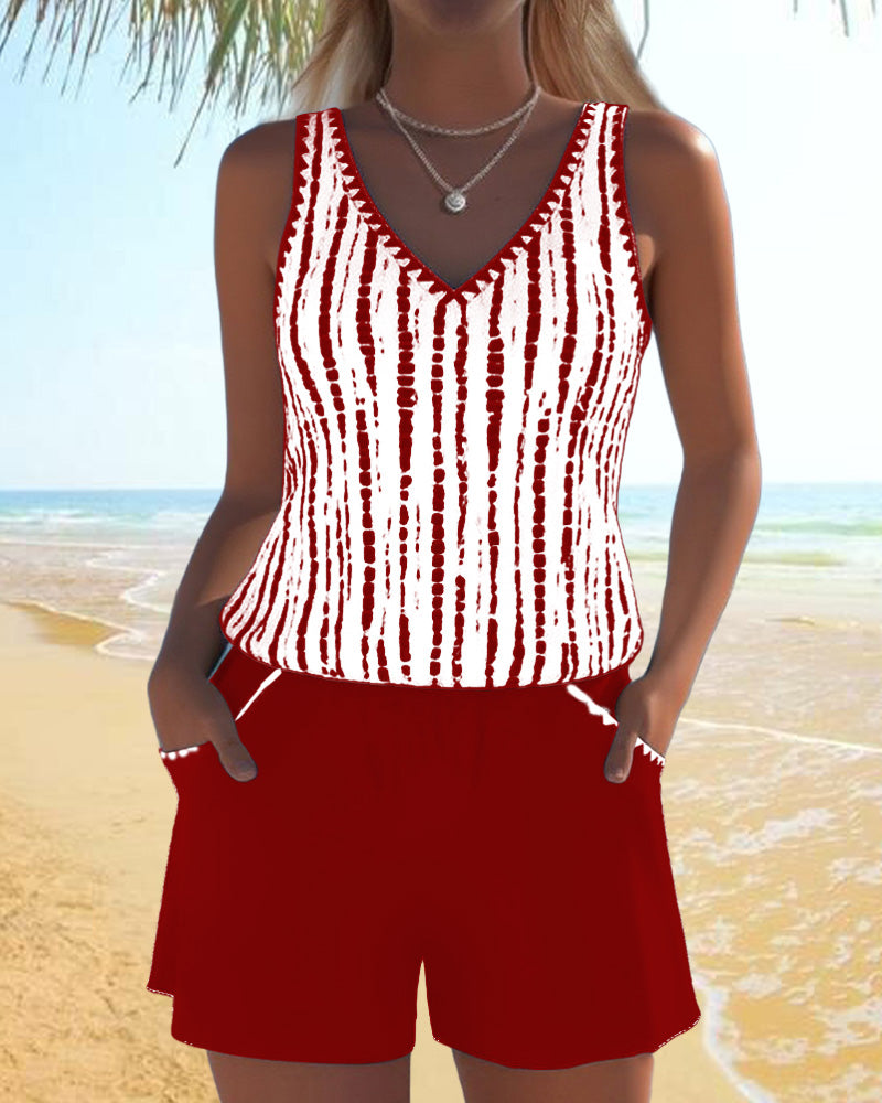 Margaret | Casual Two Piece Printed V-Neck Swimsuit with Pockets