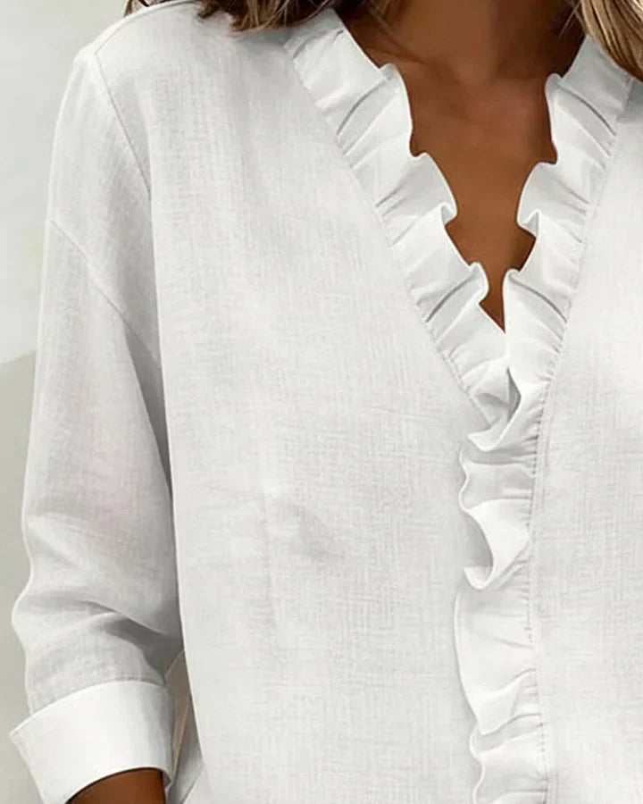 Iris™ | Ruffle V-Neck Blouse with Long Sleeves