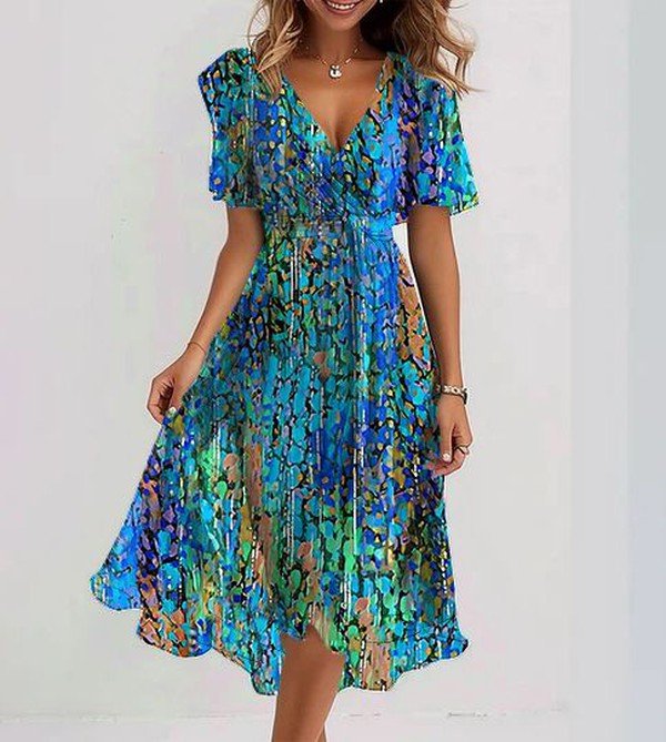 Sapphire | Women's Blue Midi Dress — Elegant Short Sleeve