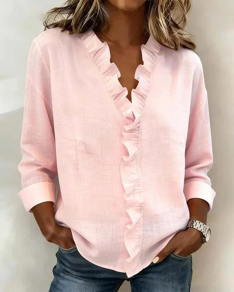 Iris™ | Ruffle V-Neck Blouse with Long Sleeves