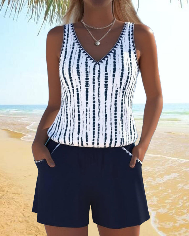 Margaret | Casual Two Piece Printed V-Neck Swimsuit with Pockets