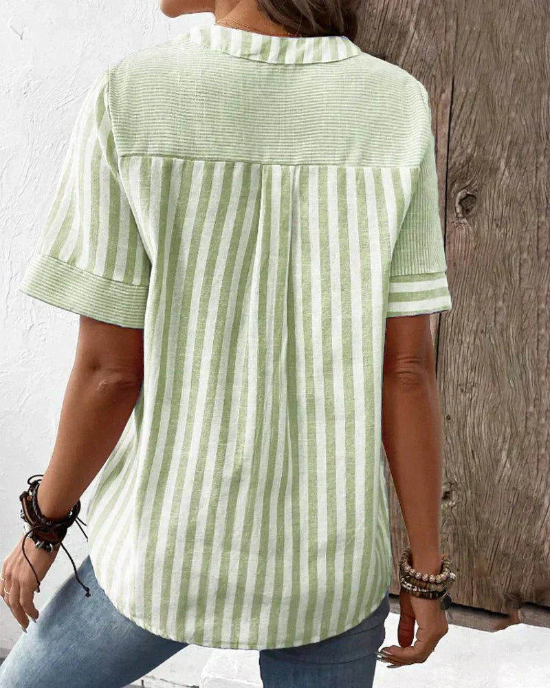 Lila | Women's Striped Blouse — Notched Neck & Flared Sleeves