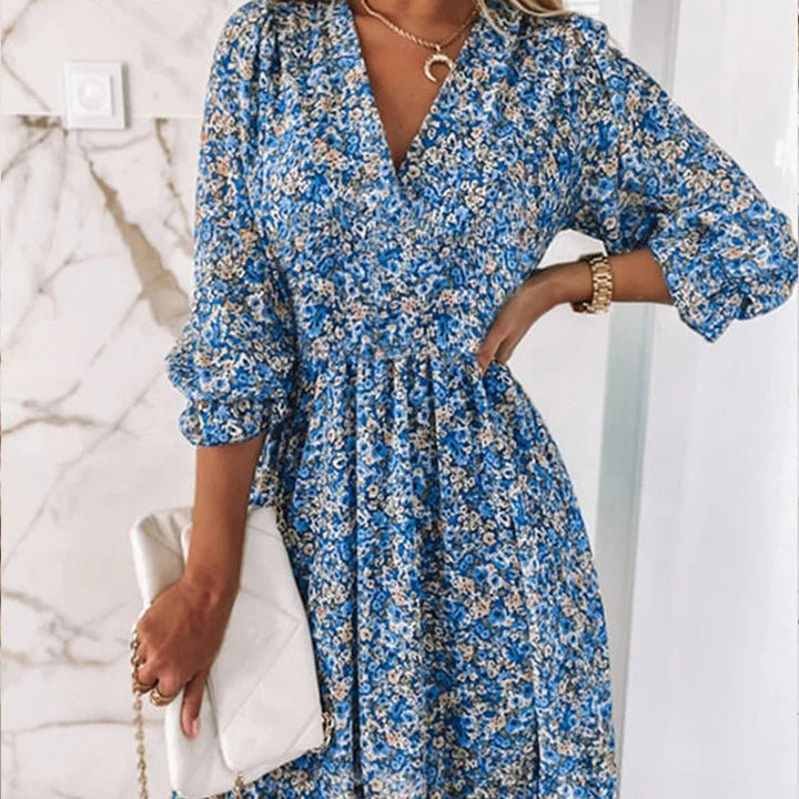 Sunna - Women's Floral Midi Dress — Smocked Waist & V-Neck