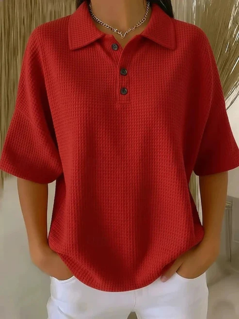Wrenlee | Comfortable Waffle Polo Blouse