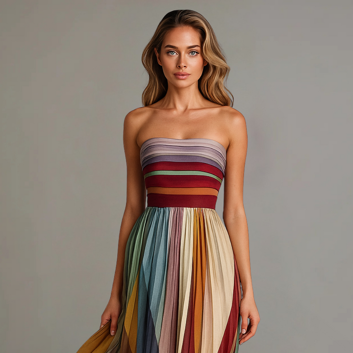 Sofia | Women's Strapless Colorful Pleated Summer Maxi Dress
