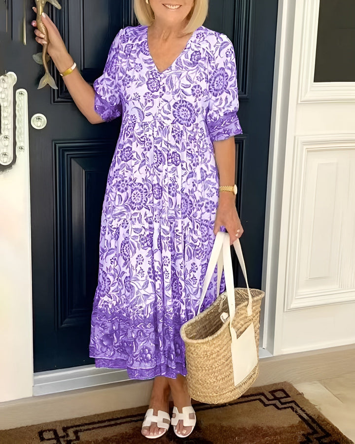 Evelyne | Women's Elegant Floral Midi Dress — V-Neck