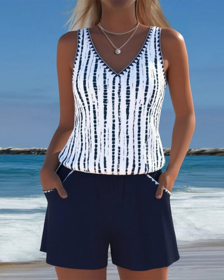Margaret | Casual Two Piece Printed V-Neck Swimsuit with Pockets