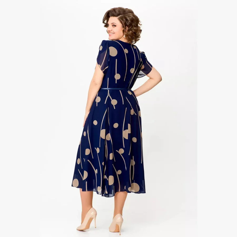 Delaney | Navy Polka Dot Print Chiffon Midi Dress