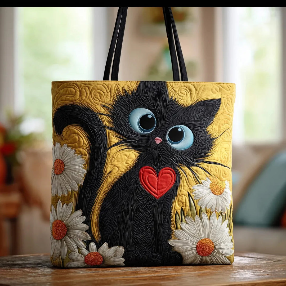 Handcrafted Black Cat Bag with Heart and Daisies