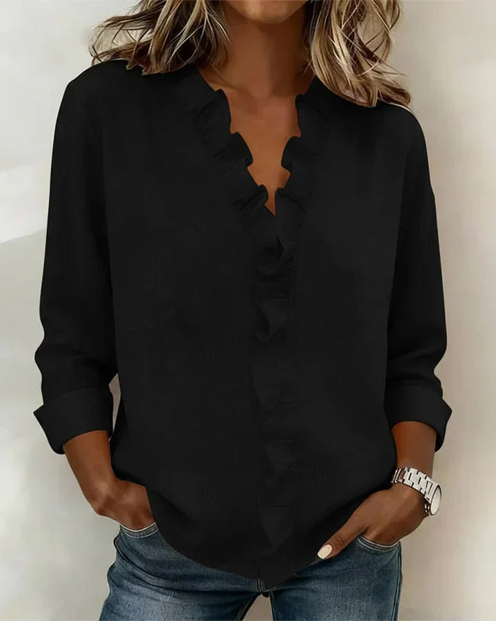 Iris™ | Ruffle V-Neck Blouse with Long Sleeves