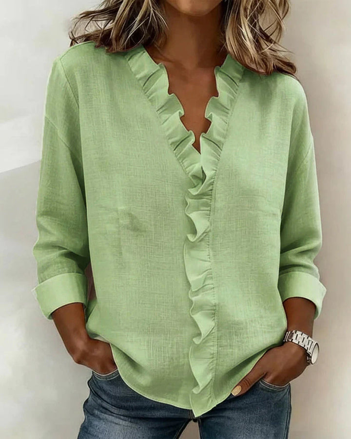Iris™ | Ruffle V-Neck Blouse with Long Sleeves