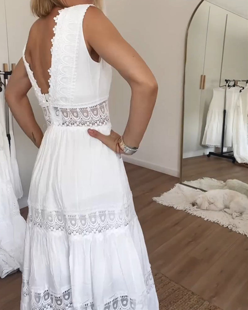 Clarissa | Women's Elegant Lace Midi Dress — V-Neck