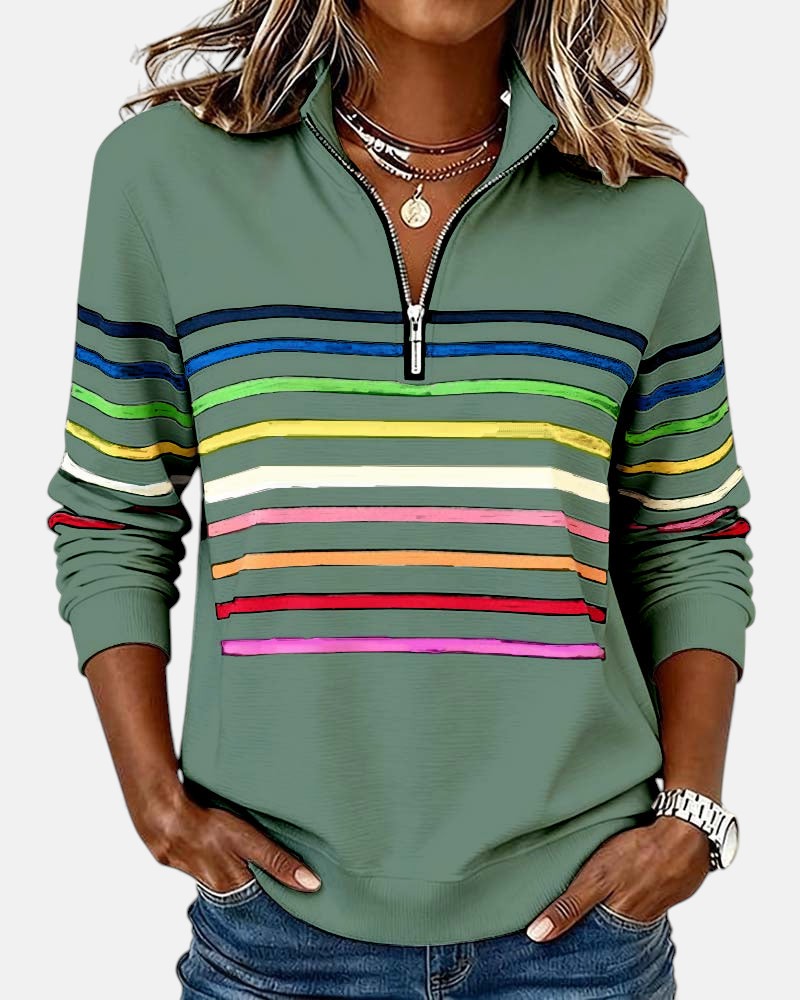 Vera - Women's Relaxed Striped Sweater with Zip Collar