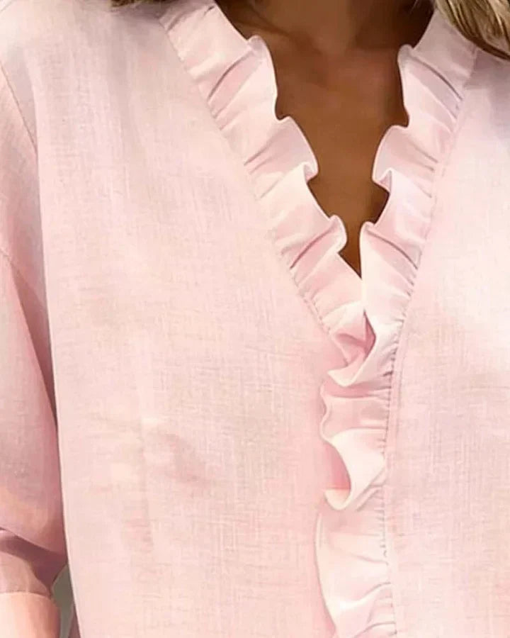 Iris™ | Ruffle V-Neck Blouse with Long Sleeves