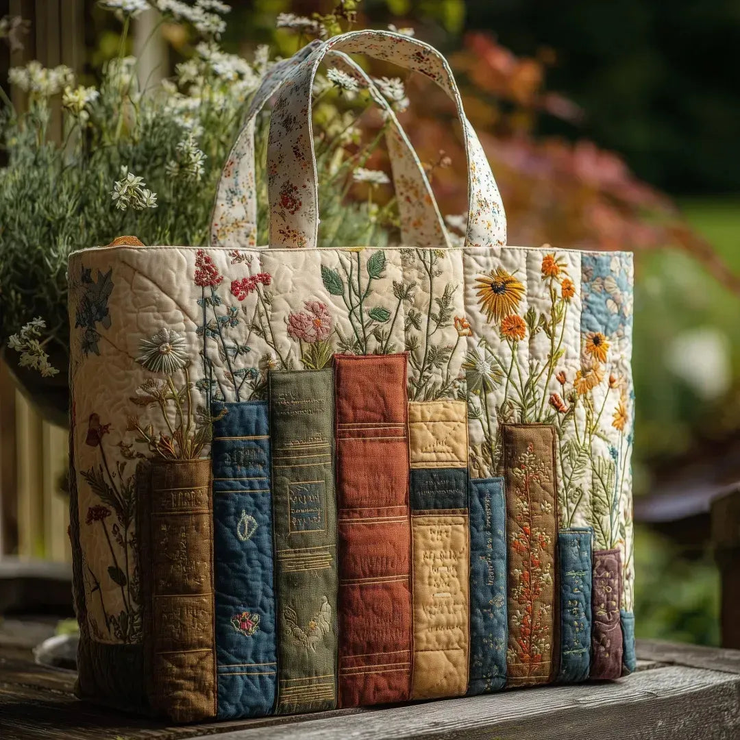 Handcrafted Quilted Books and Flowers Bag