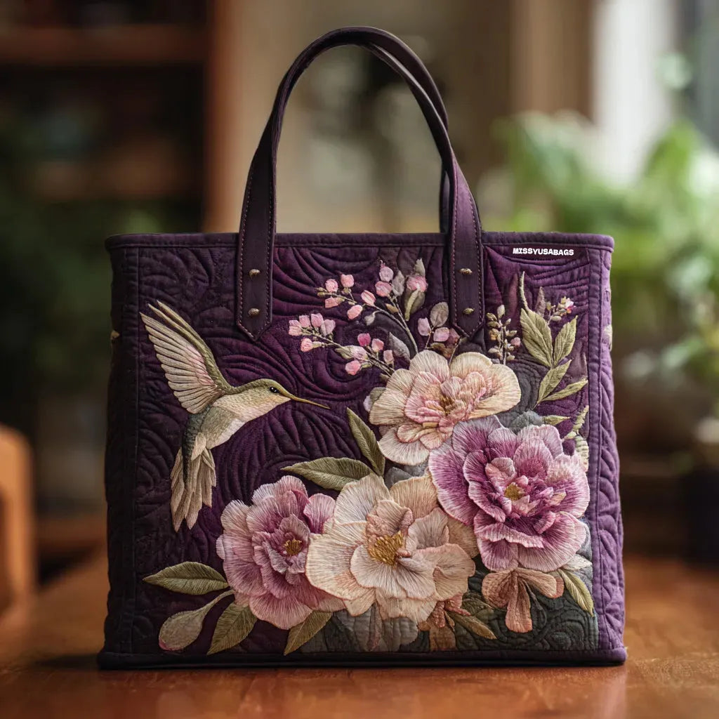 Handcrafted Purple Quilted Bag with Hummingbirds and Orchids