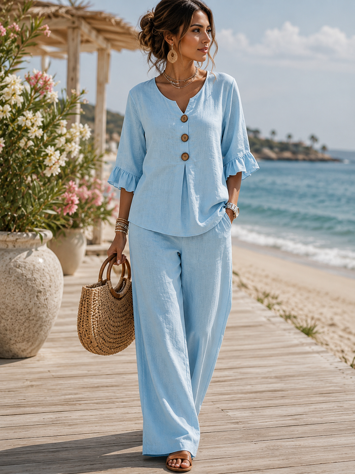 Raelynn | Elegant Ruffle Sleeve Top with Wide-Leg Pants
