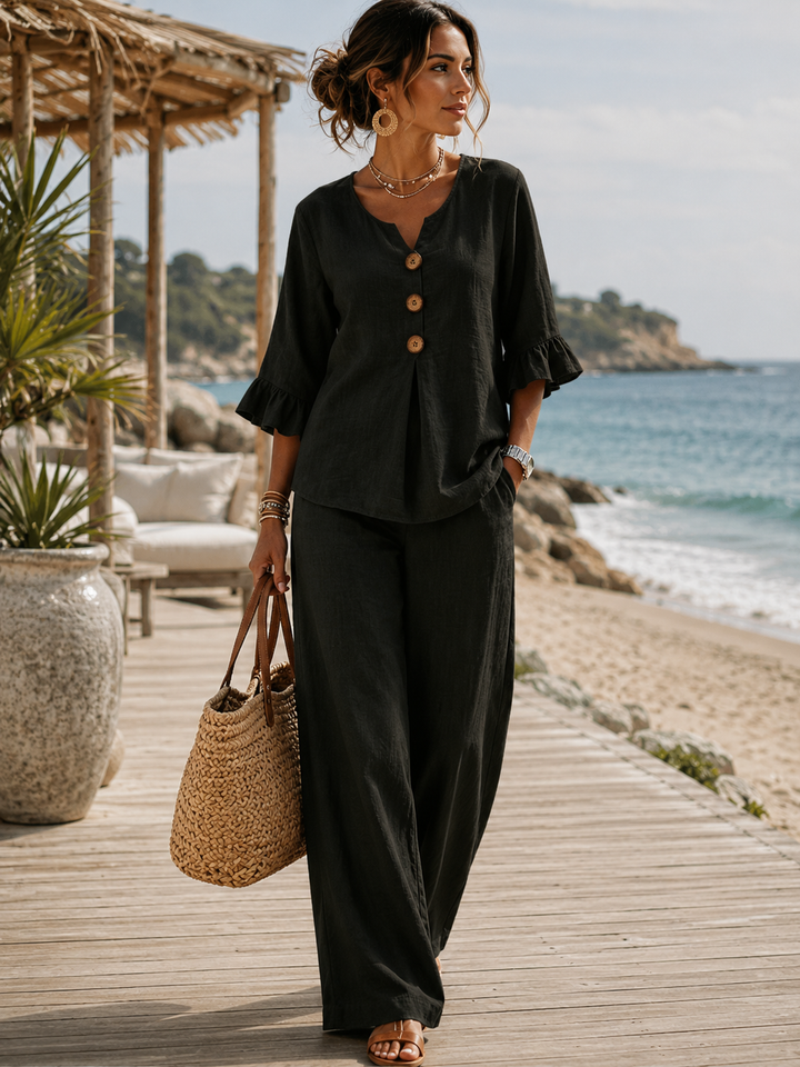 Raelynn | Elegant Ruffle Sleeve Top with Wide-Leg Pants