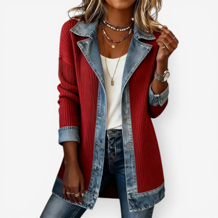Emilia - Women's Mixed-Knit Jacket — Contrast Trim Detail