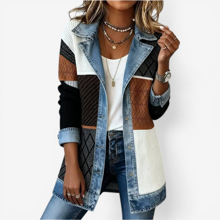 Emilia - Women's Mixed-Knit Jacket — Contrast Trim Detail